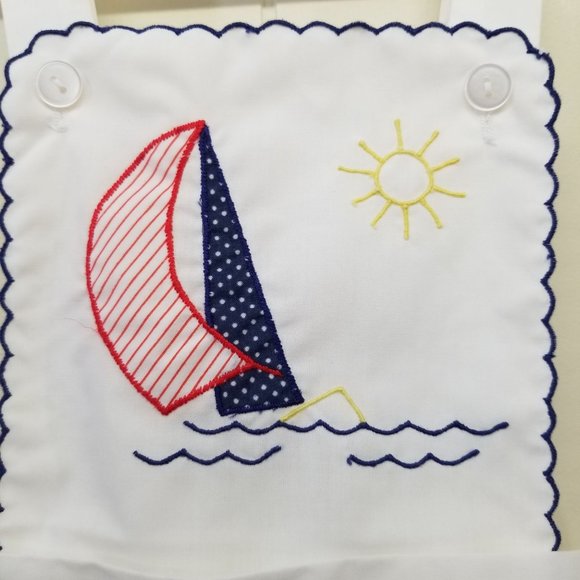 White Sailboat Romper Shortalls Embroidered Vintage 24M - Picture 3 of 5